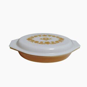 Vintage PYREX Butterfly Gold Divided Oval Casserole 1 Quart Dish With Lid White